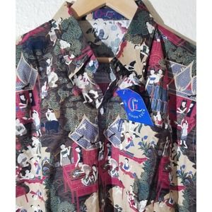 RARE Asian Ancient Peasant Slave Village Print Thai SILK HAND MADE Men L Shirt